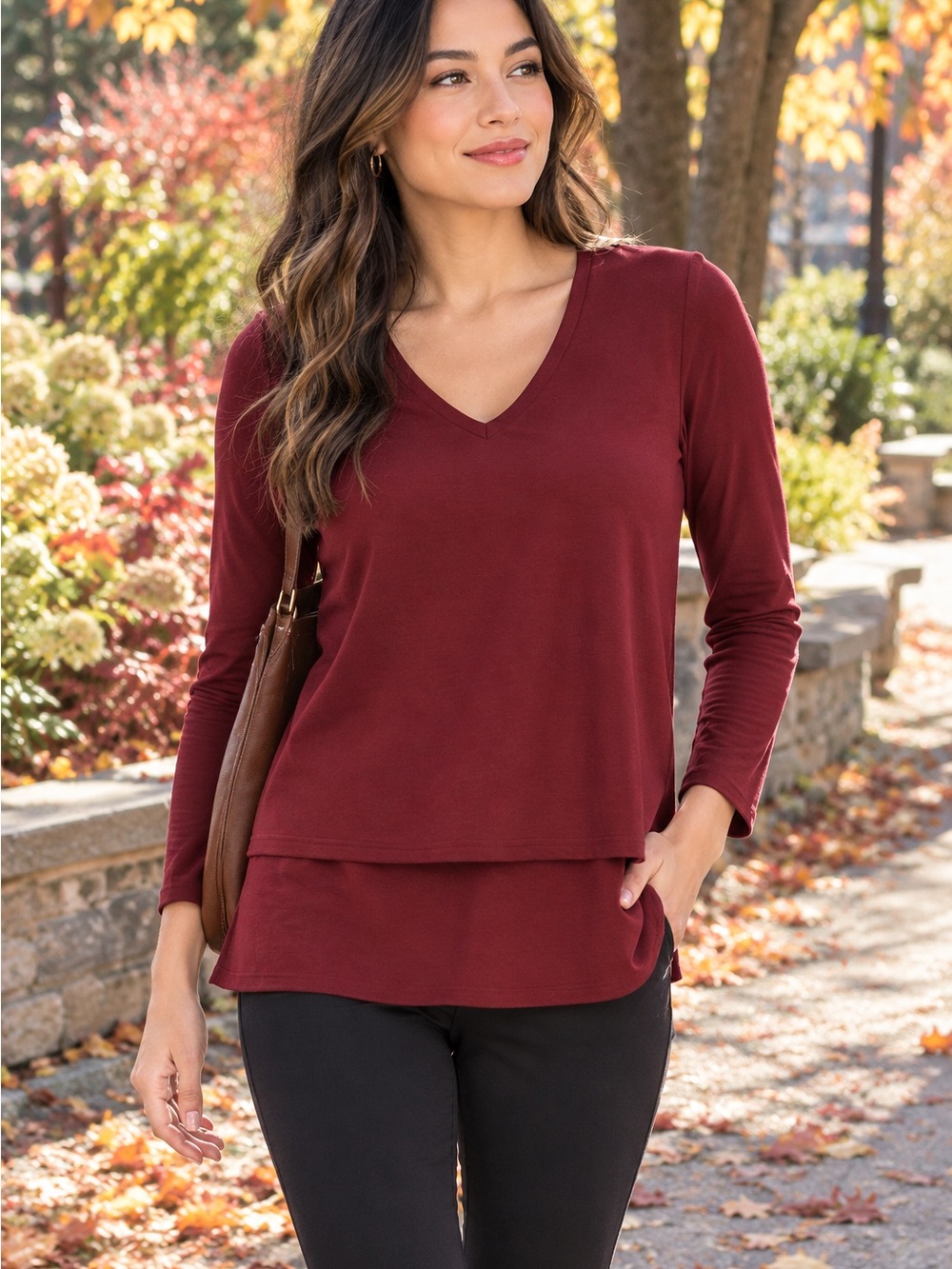MICHAEL KORS Mixed Media Layered Hem Tunic Layered V-Neck Top/Blouse